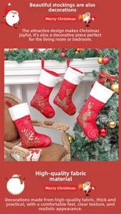 Detail of Christmas stocking ornaments featuring golden sequined reindeer and snowflake patterns