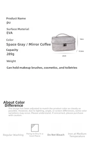 Detailed spec view of a 23x15.5x10cm PU leather grey makeup bag with dual zippers