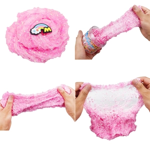 Pink glitter slime with rainbow M charm in plastic jar, stretchable texture for kids