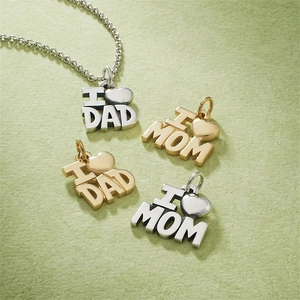 Golden and silver stainless steel heart pendants with I Love Mom and Dad engravings