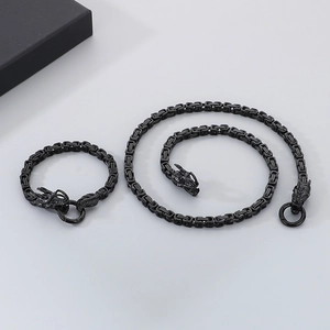 Black dragon head necklace and bracelet jewelry set in 6mm stainless steel