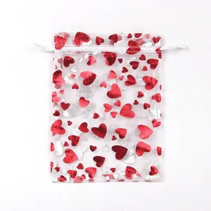Red and silver heart sequin organza drawstring gift bag for jewelry packaging