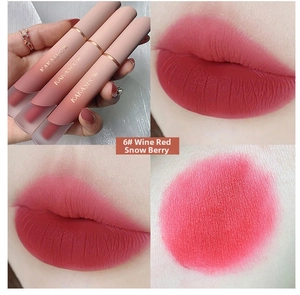 Matte liquid lipstick detail showing deep berry red shade 6# wine snow berry on lips