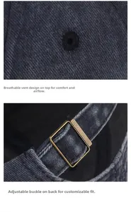 Detail of vintage navy corduroy baseball cap with metal buckle and ventilation eyelets