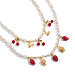18K gold plated stainless steel pearl necklace with red cherry and strawberry charms