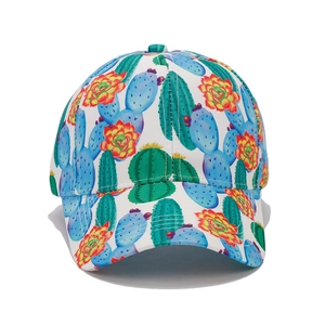 Unisex baseball cap with vibrant tropical cactus and floral patterns on white fabric
