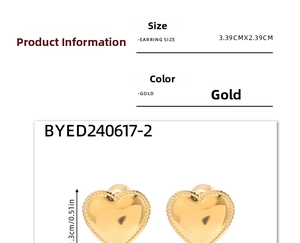Detailed size view of gold heart stud earrings with polished finish and beaded edges