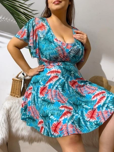 V-neck tropical print tankini swim dress with ruffles and blue floral pattern for women