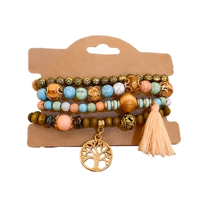Bohemian multilayered sandalwood bead bracelet set with tree of life and tassel charm