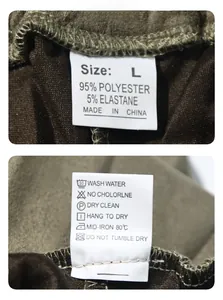 Detail of fabric washing label and size tag on men's suede jacket and pants set