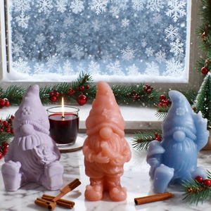 Detailed view of colorful gnome candles with intricate textures for festive home decor