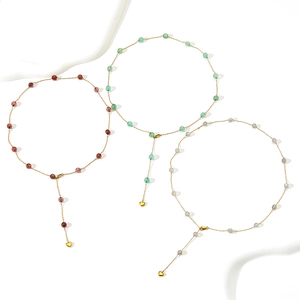Minimalist Y-shaped necklace with natural stones, round beads and gold heart pendants
