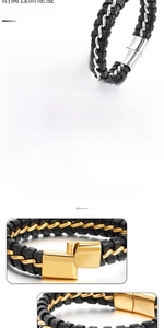 Close-up of men's leather braided bracelet with gold metal chain and magnetic clasp