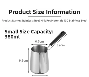 Detailed size chart for the 380ml stainless steel milk pot with handle and measurements
