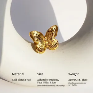 Exquisite 18k gold plated brass 3D butterfly open ring with textured metallic wings