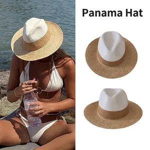 Women British Style Two-Tone Raffia Straw Fedora Hat Wide Brim Breathable Panama Hat For Beach Vacation Summer Sun Hat