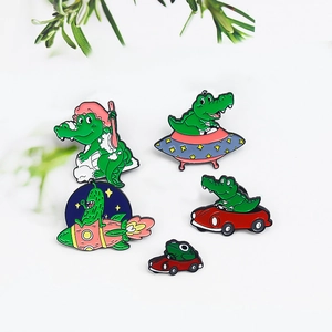 Set of 5 cartoon enamel pins featuring crocodile space travel and racing car designs