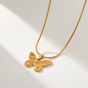 Golden 18K stainless steel butterfly pendant necklace with elegant snake chain for women
