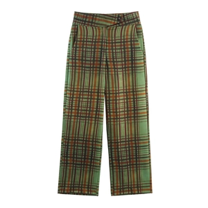 Pantaloni a zampa a vita alta verdi con motivo a scacchi marrone e caffè chic