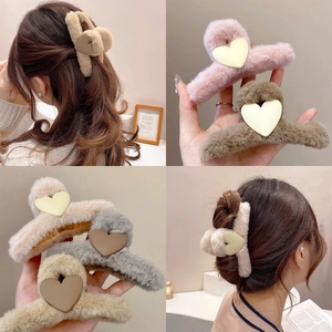Plush heart hair claw clip set for women in autumn coffee and beige colors