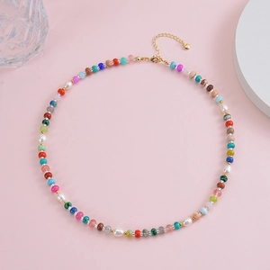 Bohemian colorful gemstone and freshwater pearl beaded necklace with gold clasp