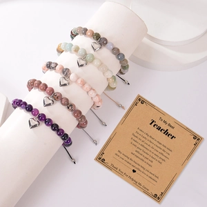 Pink zebra stone bracelet set with heart charms and Teacher's Day gift card