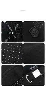 Detail view of black breathable quick-dry cap with R-logo embroidery and metal buckle