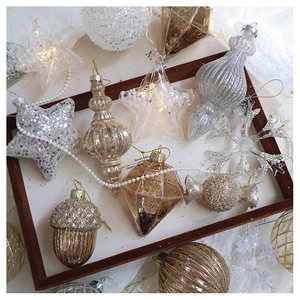 Flat lay of champagne gold Christmas ornaments with glitter and vintage textures
