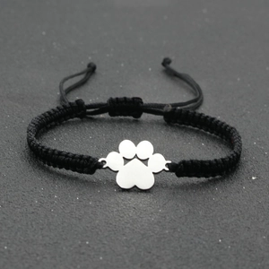 Handmade woven dog paw bracelet in stainless steel with adjustable black lucky cord