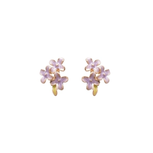 Elegant purple enamel flower stud earrings with gold plating on a clean white background