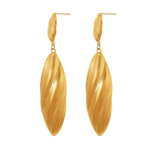 Elegant 18k gold plated long spiral shell drop earrings with striped texture on white background