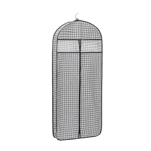 Houndstooth garment bag with central zipper and clear window for suit storage