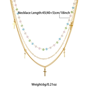 Three-layer gold stainless steel necklace with cross pendant and multi-color beads