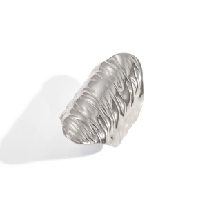 Detail of silver ring with irregular fluid ripples and metallic liquid texture