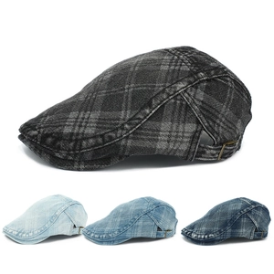 Vintage Washed Denim Ivy Cap Retro Plaid Flat Hat Adjustable Cotton British Style Casual Beret