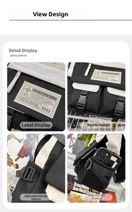 Detail view showing black and white canvas messenger bag with buckle and adjustable strap