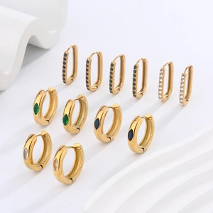 Stainless Steel Hoop Earrings 18K Gold Plated Oval Geometric Inlaid Cubic Zirconia Retro Minimalist Jewelry Unisex
