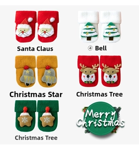 Detail of 5 pairs of 3D Christmas baby socks featuring Santa, bells, stars and reindeer