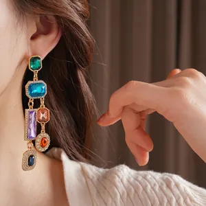Vintage style square colorful rhinestone tassel earrings with a luxurious gold finish