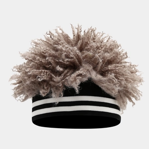 Detailed view of knitted black beanie with white stripes and grey fluffy wig top