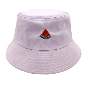 Close-up of a light purple bucket hat featuring a detailed watermelon slice embroidery