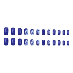 Medium length press-on nails with blue marble design and gold stripes, 24 pieces set