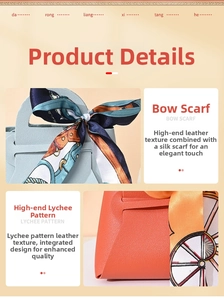 Detailed view of lychee pattern leather candy bags with decorative silk scarves and bows