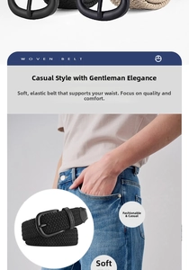 Detail of black elastic woven belt featuring matte black metal buckle on denim jeans
