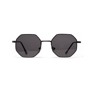 Retro round metal sunglasses with black octagonal frames and dark grey lenses