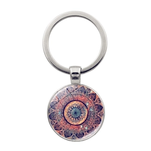 Mandala Flower of Life keychain with silver metal ring and glass dome pendant ornament