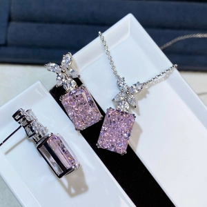 Macro detail of Radiant-cut pink ice flower jewelry set with S925 sterling silver settings