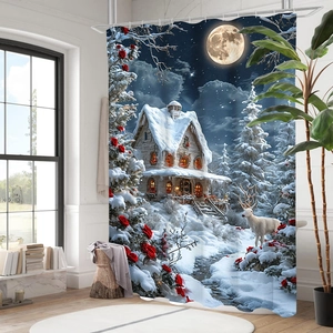 Détail du rideau de douche 3D avec cabane enneigée, cerf et décor de Noël hivernal