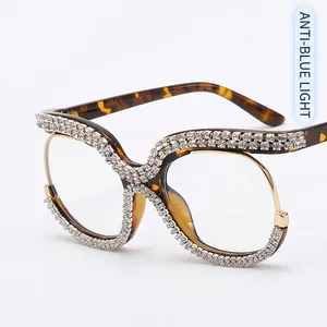 Luxury oversized diamond-encrusted tortoise frame glasses with anti-blue light clear lenses