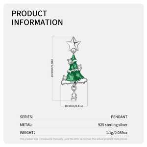 S925 sterling silver Christmas tree pendant with measurements and product specs